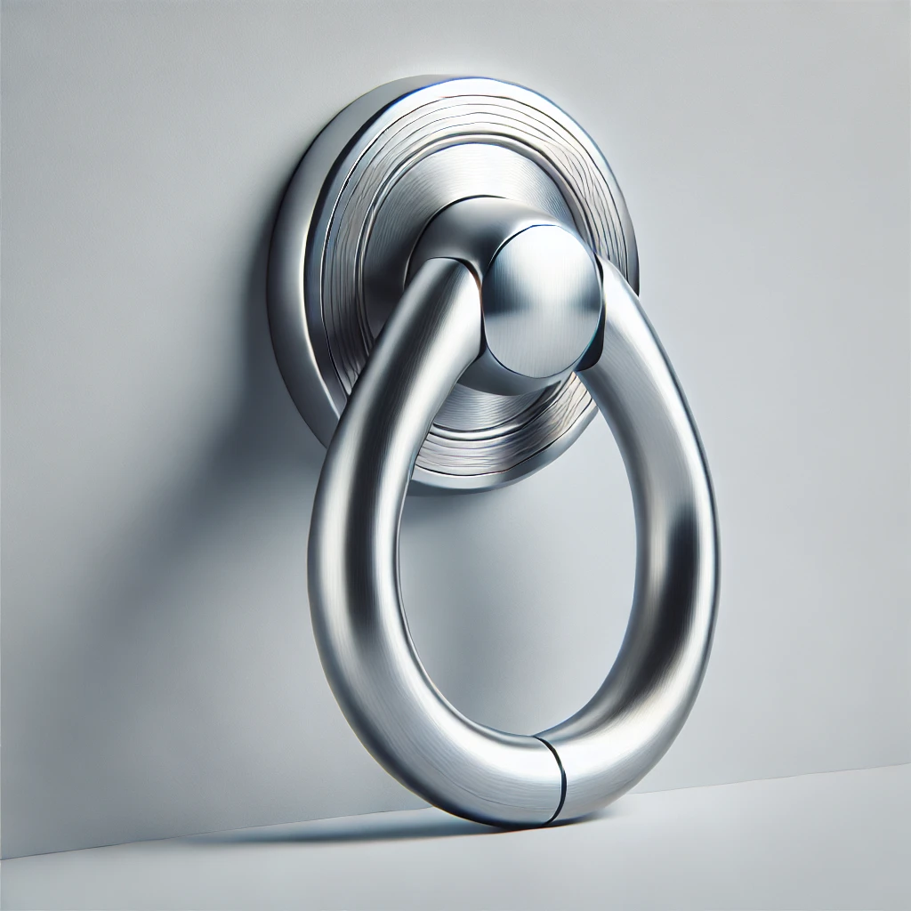 DALL·E 2025 01 11 12.44.03 A sleek and modern redesign of a metallic door knocker. The new design features a contemporary brushed silver finish with clean minimalistic lines an