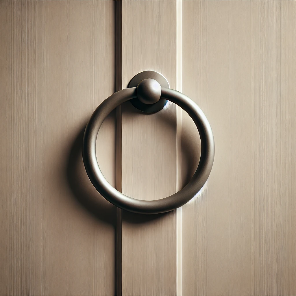 DALL·E 2025 01 11 12.51.56 A simple minimalistic image of a door knocker made of plain metal shaped in a classic round ring design attached to a flat wooden door. The door is